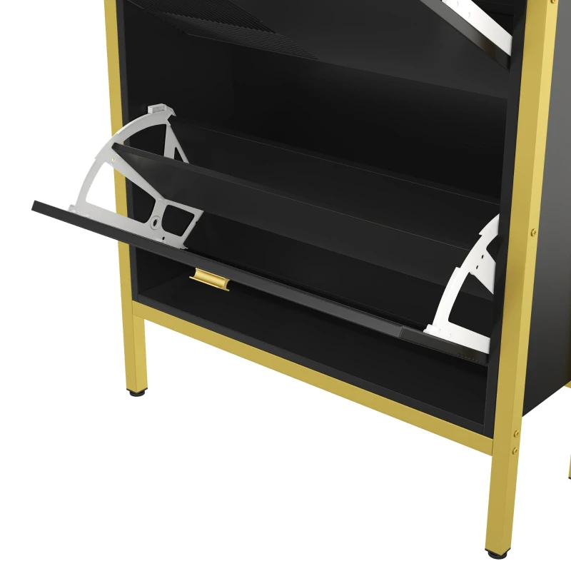 Armoire à chaussures avec 2 portes rabattables et étagères à chaussures à double couche, 1 tiroir, poignées et pieds dorés, 65x25x120,5 cm, Noir+Or