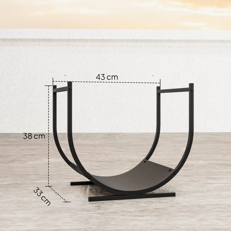 Outsunny Soporte para leña de chimenea curvado y robusto para interior y exterior, marco de metal, 43 x 33 x 38 cm, negro