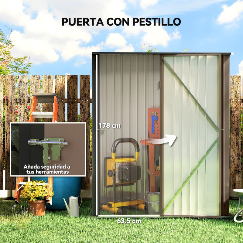 Outsunny Caseta de Jardín Metálica 1,34 m² 161,5x94,5x196 cm con 1 Puerta y Cerradura para Almacenamiento de Herramientas Marrón(m-5)