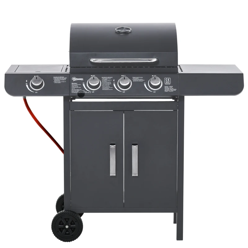 Outsunny 3+1 Burner Gas BBQ Grill, Outdoor Barbecue Trolley with Wheels, Warming Rack, Side Shelves, Cabinet, Thermometer for Garden, Party, Camping, 110L x 50W x 100Hcm, Grey