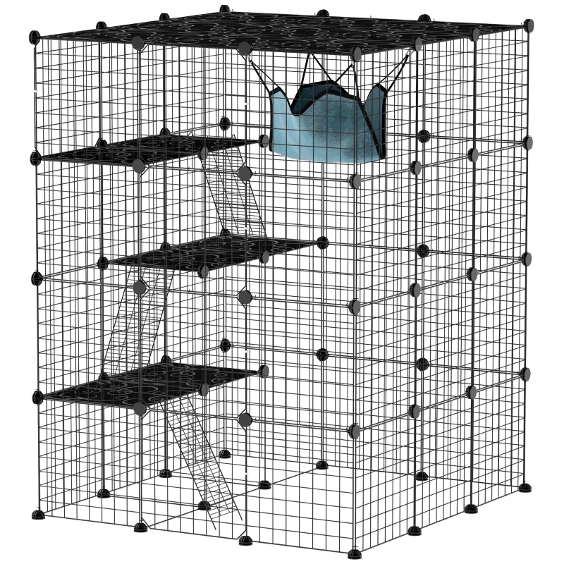 PawHut Kattenkooi voor binnen 4-laags DIY-kattenverblijf met dicht metalen gaas, hangmat, ramp, deuren, springplatforms