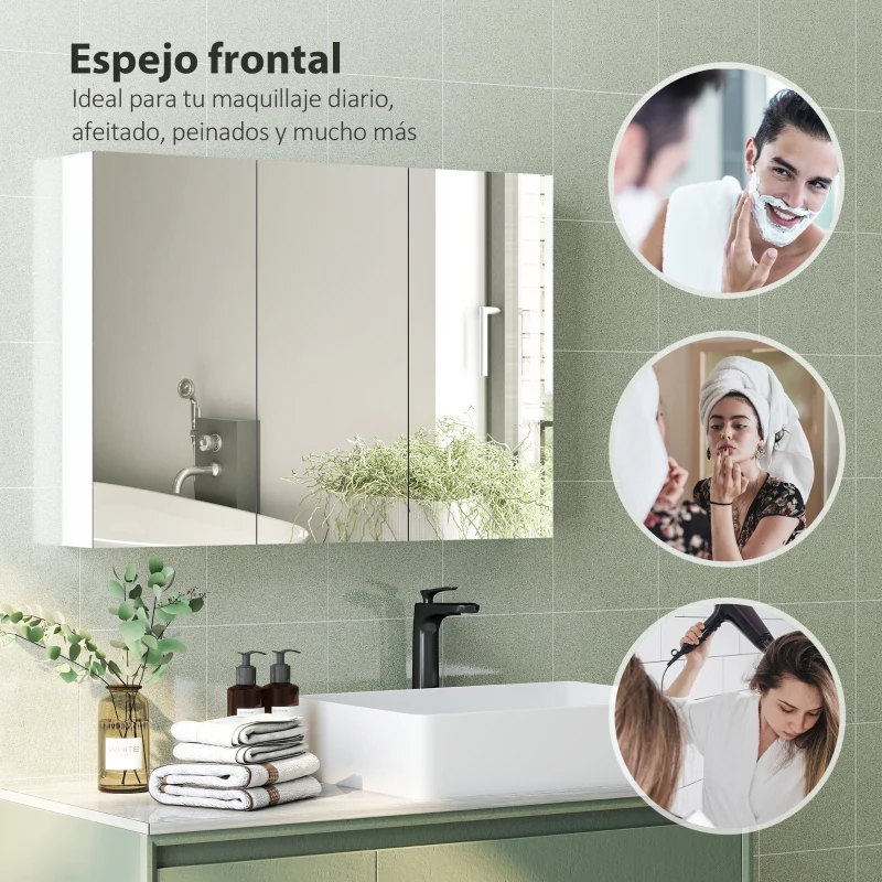 HOMCOM Armario de Baño con Espejo Armario de Pared con 3 Puertas Estantes Ajustables 91,5x11,5x65 cm Blanco