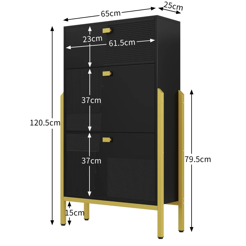 Armoire à chaussures avec 2 portes rabattables et étagères à chaussures à double couche, 1 tiroir, poignées et pieds dorés, 65x25x120,5 cm, Noir+Or