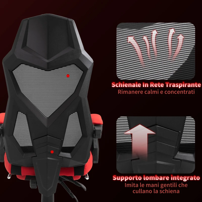 Vinsetto Sedia da Ufficio Ergonomica e Reclinabile con Poggiapiedi, in Tessuto a Rete, 58x63x112-122 cm, Nera e Rossa