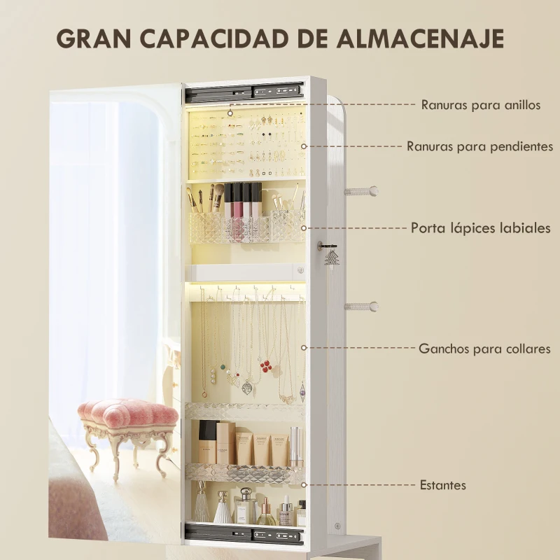 HOMCOM Espejo Joyero con Luces LED Armario para Joyas de Giro de 360° Cerradura y Llaves Superficie Blanco y Forro Beige