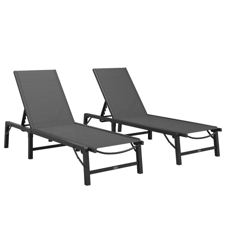 Outsunny Folding Sun Lounger Set of 2, 5-Position Adjustable Reclining Garden Loungers, Garden Chaise Lounge Sunbed Recliner Chairs with Steel Frame for Beach, Porch, Patio, Camping, Black