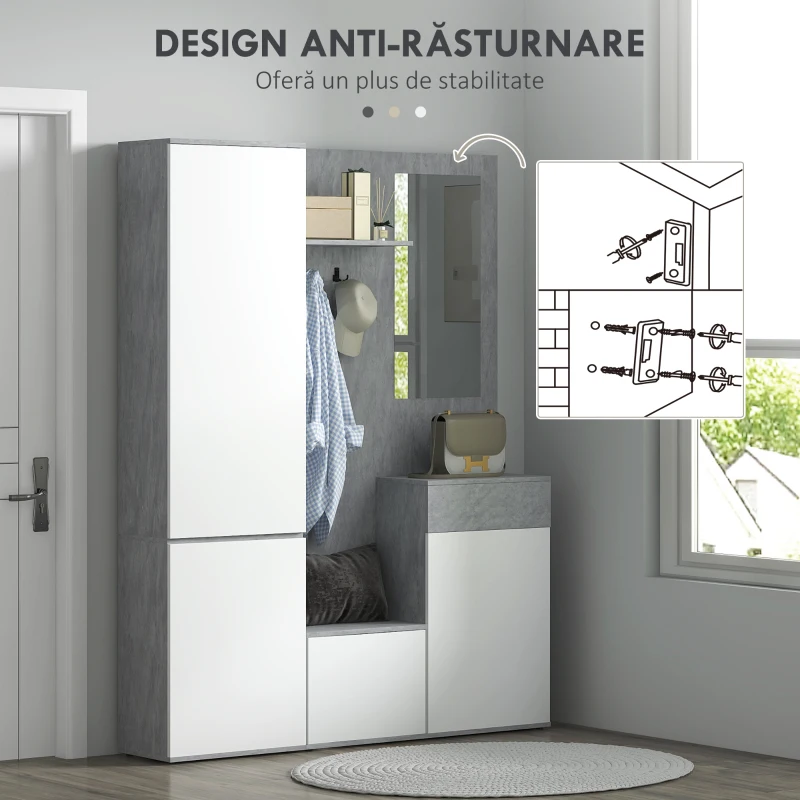 HOMCOM Mobilier 4 în 1 cu Oglindă, Cuiere și Rafturi Interioare Reglabile, Mobilier Multifuncțional, 145x29x184 cm, Gri(m-7)