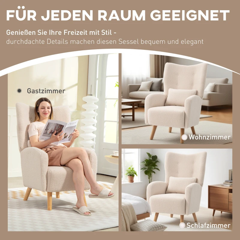 HOMCOM Accentstoel, Polstersessel met pluche bekleding, Schuimkussen, Ohrensessel, Beige(m-6)
