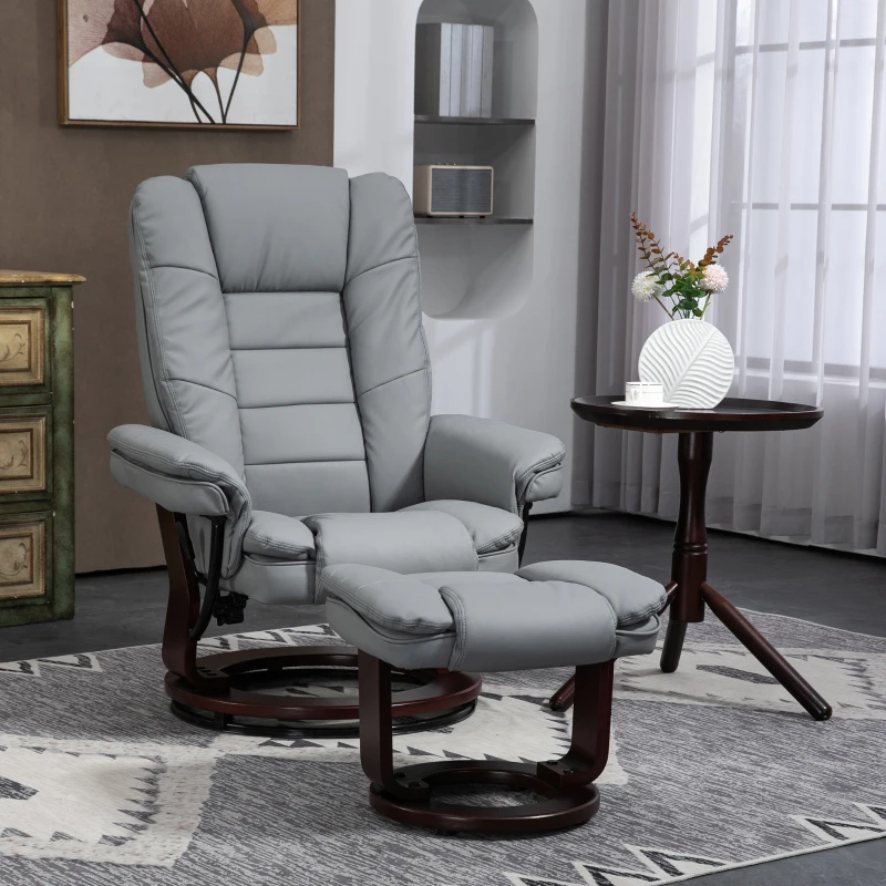 HOMCOM Fauteuil relax inclinable 135° grand confort pivotant 360° avec repose-pieds revêtement synthétique gris(m-7)