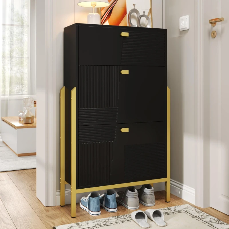 Scarpiera con 2 ante a ribalta e ripiani per scarpe a doppio strato, un cassetto, maniglie e gambe dorate, 65x25x120,5 cm, Nero e Oro