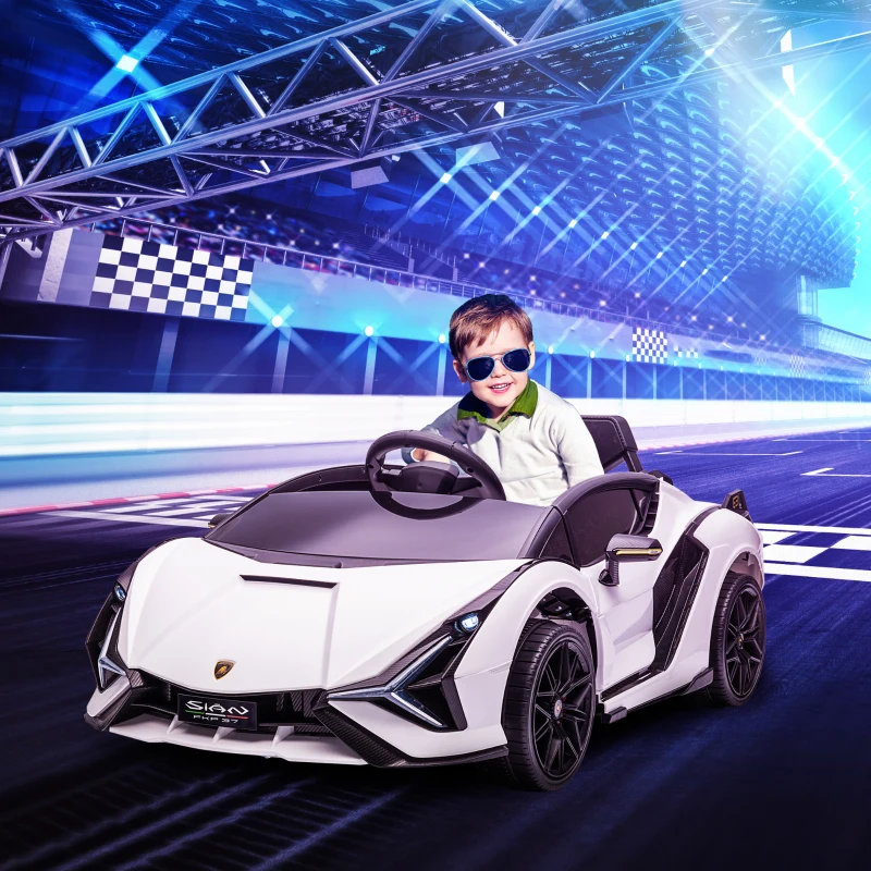 HOMCOM Voiture électrique Enfants de Sport Supercar sous Licence Lamborghini Sian 12 V - V. Max. 5 Km/h avec Télécommande 2,4G Effets sonores + Lumineux Blanc(m-10)