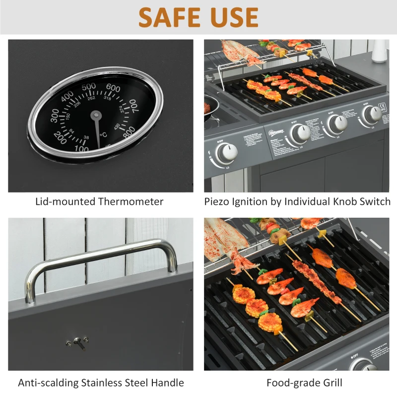 Outsunny 3+1 Burner Gas BBQ Grill, Outdoor Barbecue Trolley with Wheels, Warming Rack, Side Shelves, Cabinet, Thermometer for Garden, Party, Camping, 110L x 50W x 100Hcm, Grey