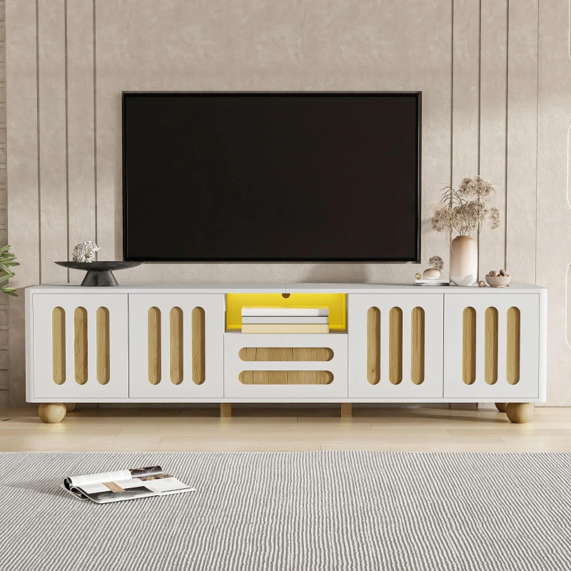 Mobile TV con 4 ante e un cassetto, luce LED, gambe del tavolo sferiche, 180x40x47 cm, Legno naturale e Bianco