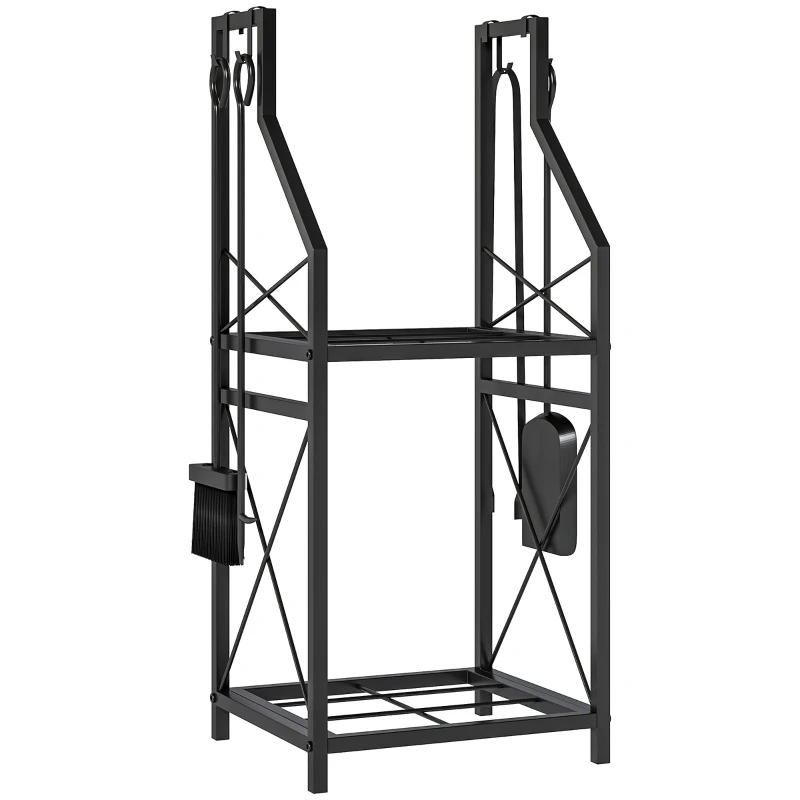 Outsunny Estante de Leña Metálico de Chimenea Soporte para Leña de 2 Niveles con 4 Herramientas Ganchos 34x30x80 cm Negro