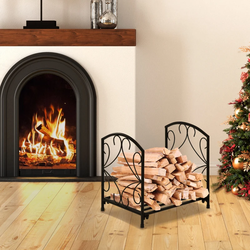 Outsunny Range-bûches porte buche de cheminée pieds surélevés pour intérieur et extérieur, cadre en métal, 39,5x31,5x39,5cm, noir
