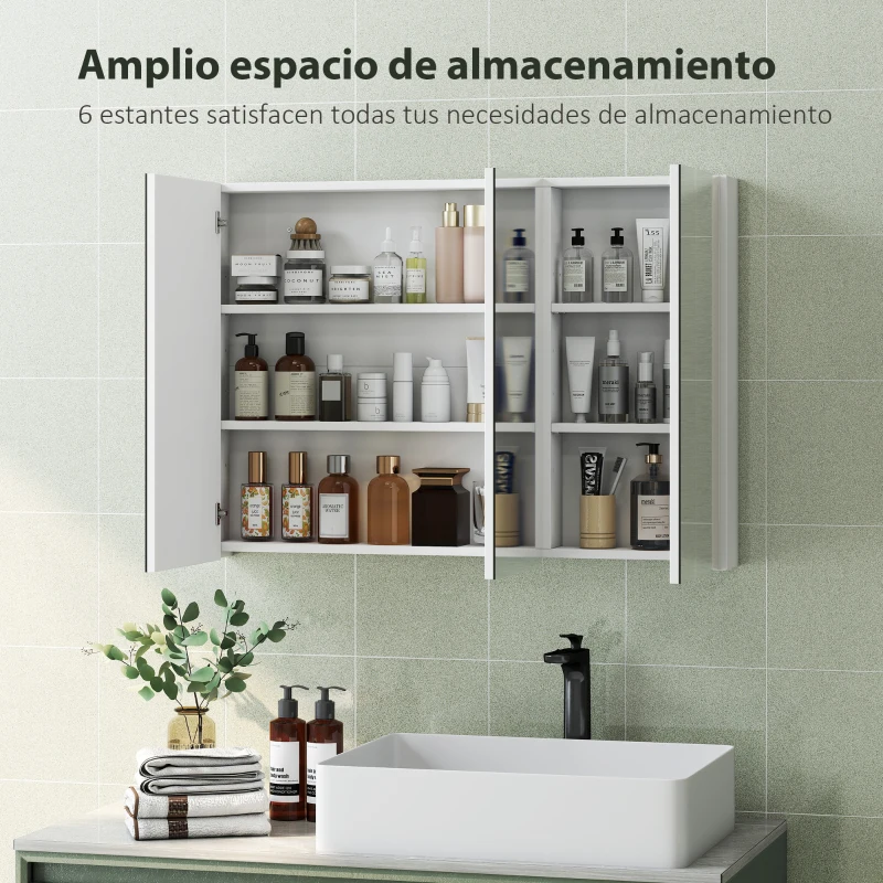 HOMCOM Armario de Baño con Espejo Armario de Pared con 3 Puertas Estantes Ajustables 91,5x11,5x65 cm Blanco