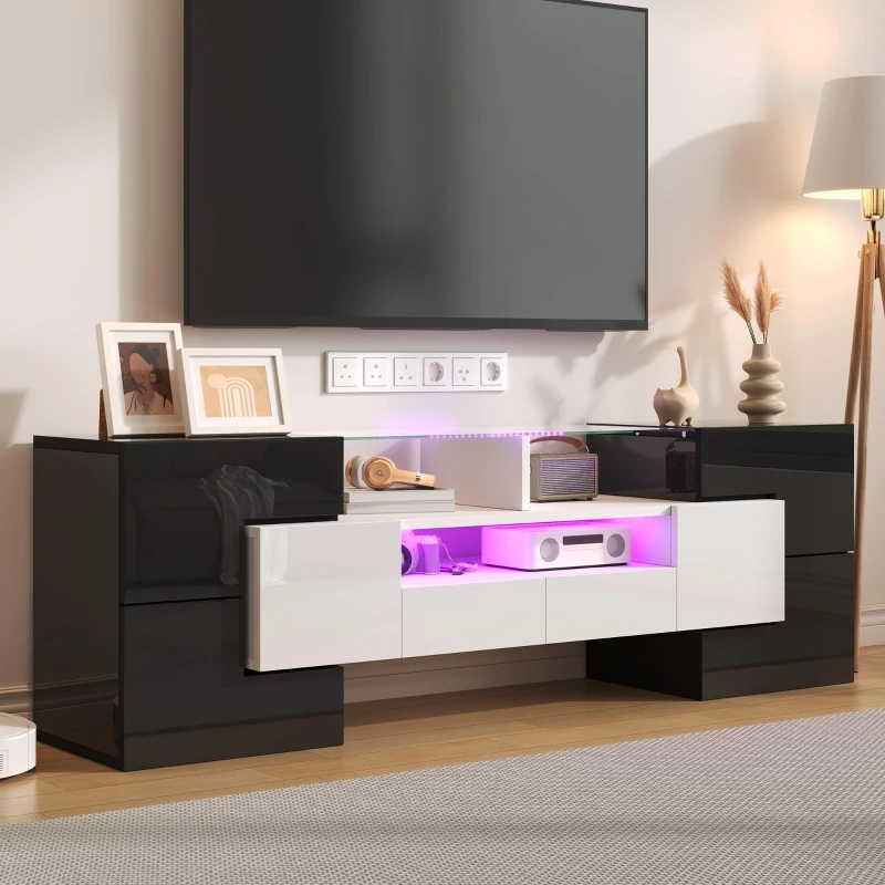 Mobile TV con illuminazione LED, superfici in vetro, con 6 ante, 2 cassetti e 3 scomparti, 145x30x51 cm, Bianco e Nero