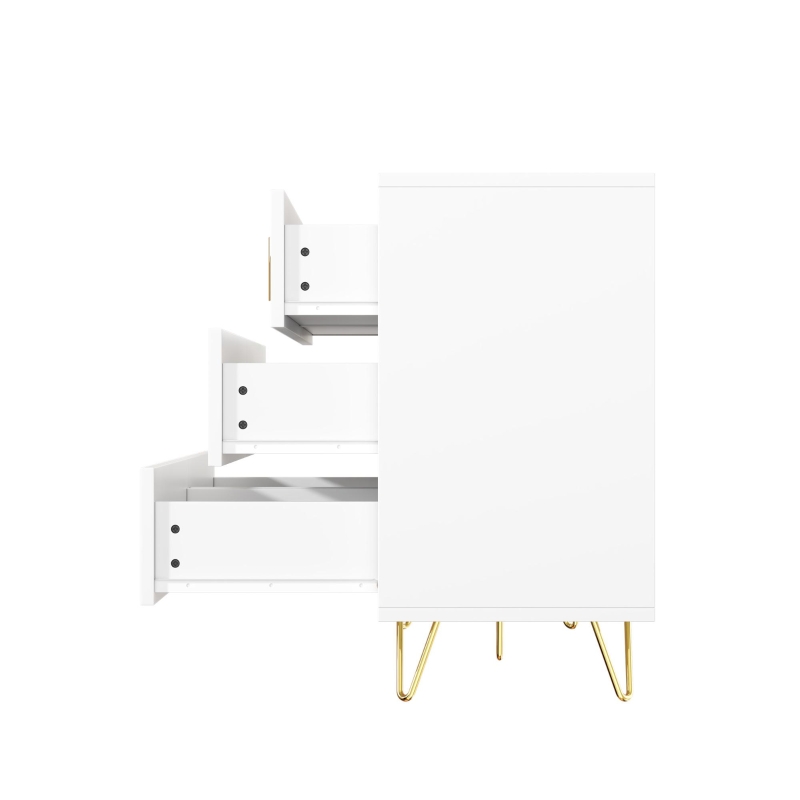 Credenza con 6 cassetti, maniglie e gambe dorate, texture ondulata, 120x40x77 cm, Bianco e Oro