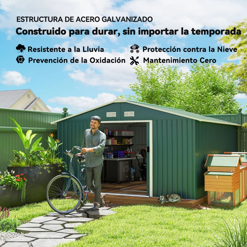 Outsunny Cobertizo de Jardín 12,4 m² 340x386x200 cm con 2 Puertas Corredizas Base Refuerzo (Suelo NO Incluido) Verde