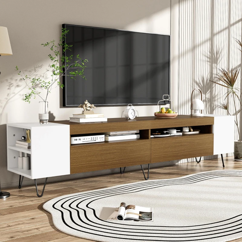 Meuble TV avec aspect bois, 2 compartiments ouverts, étagères latérales, 180x36x43 cm, Blanc+Couleur naturelle