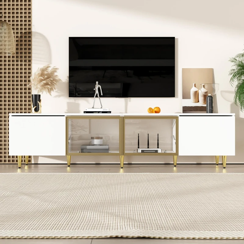 Mobile TV in stile minimalista con 4 ante (2 ante in vetro), ampio spazio di conservazione, 170x33x40 cm, Bianco