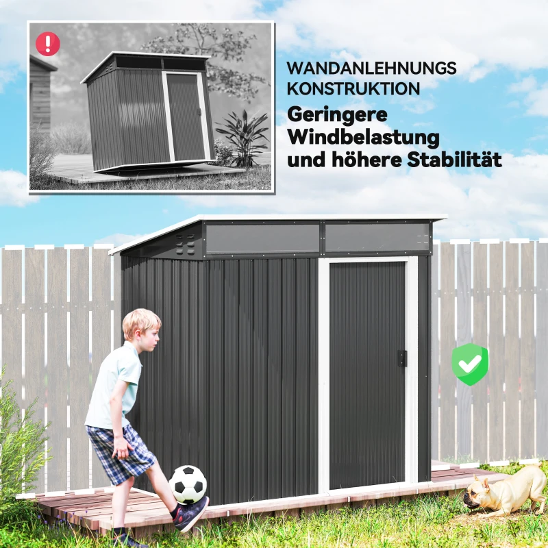 Outsunny Gartenschuppen, Geräteschuppen mit Fenstern, Lüftungsöffnungen, Schiebetür, wasserdichter Stahl, wetterfest, Dunkelgrau(m-8)