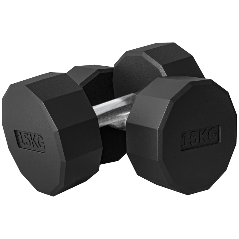SPORTNOW Set 2 Manubri a 12 Lati da 15 kg in Metallo e Gomma con Impugnatura Antiscivolo, 26x15.5x15.5 cm, Nero