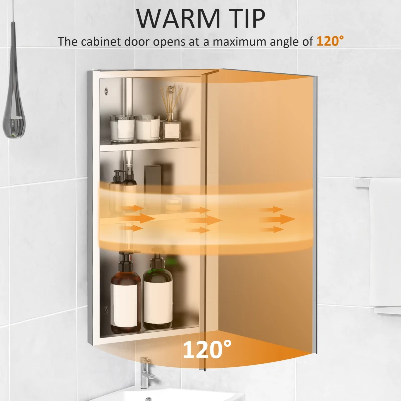 HOMCOM Wall Mounted Corner Bathroom Mirror, Stainless Steel Mirror Cabinet with 3-tier Shelves, Single Door(m-8)
