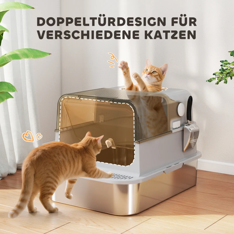 PawHut XXL RVS-kattenbak met opklapbaar deksel, kattenbak met schep, voor grote katten tot 20 kg, gemakkelijk schoon te maken, geurneutraliserend, Grijs(m-6)