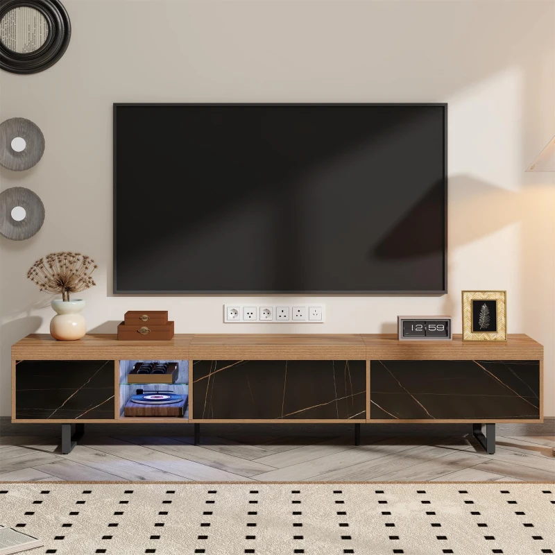 Mobile TV con 3 ante, superficie in marmo, illuminazione LED, 190x38x43 cm, Nero e Legno naturale