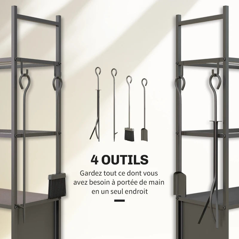 Outsunny Chariot range bûches intérieur, porte-bûches roulettes, 4 outils de cheminée, 4 étagères, métal, 45 x 30 x 118 cm, noir