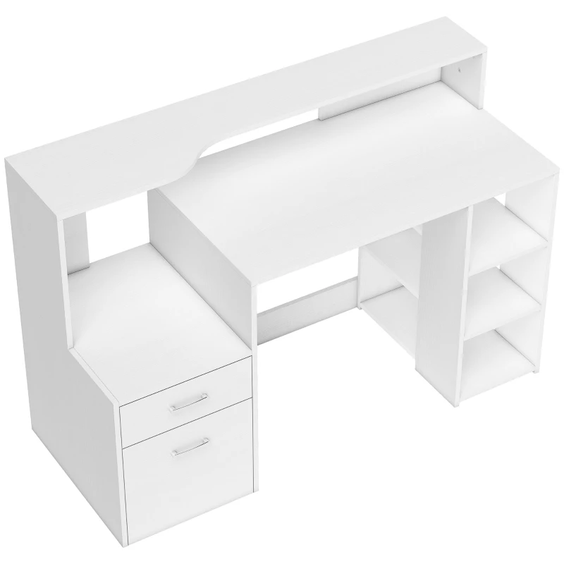 HOMCOM Escritorio de computadora, escritorio con almacenamiento, 2 cajones, estantes abiertos y plataforma de impresora, 137x55x92cm, blanco