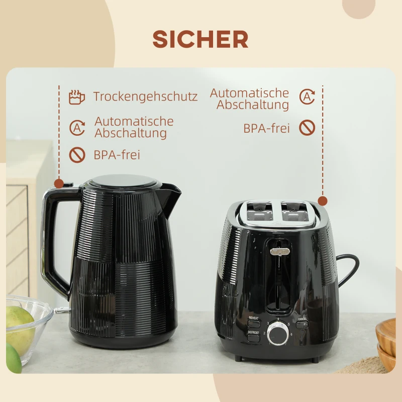 HOMCOM Wasserkocher- und Toaster-Set, 1,7 L, verschiedene Funktionen, Edelstahl, Schwarz