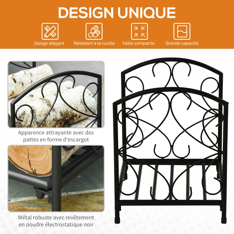 Outsunny Range-bûches porte buche de cheminée pieds surélevés pour intérieur et extérieur, cadre en métal, 39,5x31,5x39,5cm, noir