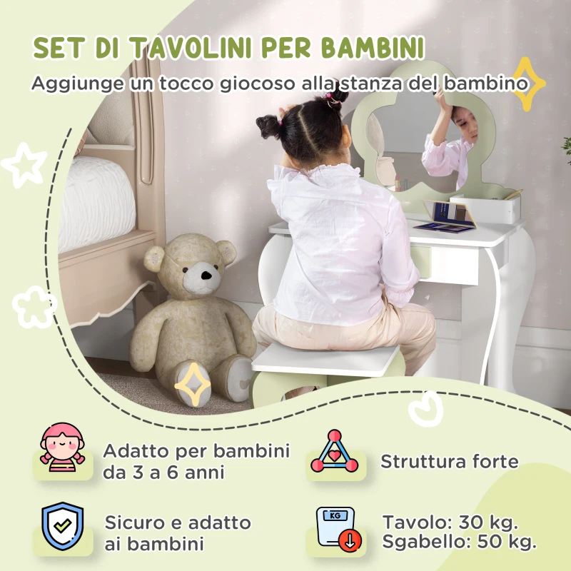 ZONEKIZ Set Toeletta per Bambina con Specchio Trucco e Sgabello Abbinato in Legno, Cassetto e Contenitori, Bianco