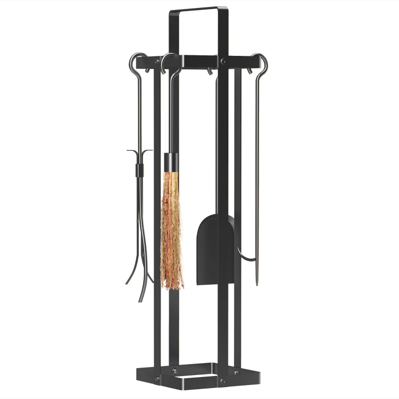 Outsunny Ensemble serviteur de cheminée 5 pièces, accessoires de cheminée, balai-brosse pelle pince tisonnier support métal noir