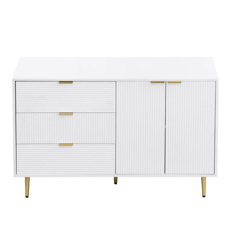 Credenza con ante e ripiani interni, cassetti, maniglie e gambe dorate, 120x38x80,5 cm, Bianco