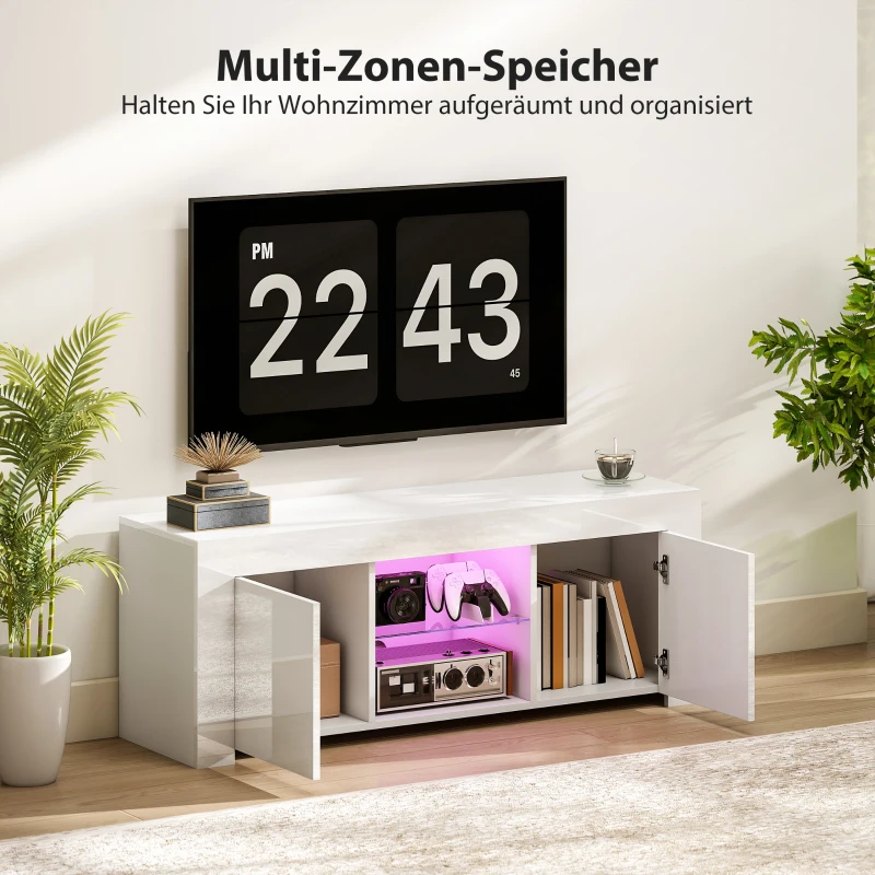 HOMCOM TV-Schrank mit LED-Beleuchtung, 2 Schranktüren, Glasregal, Kabellöcher, für Wohnzimmer, Spanplatte, Weiß