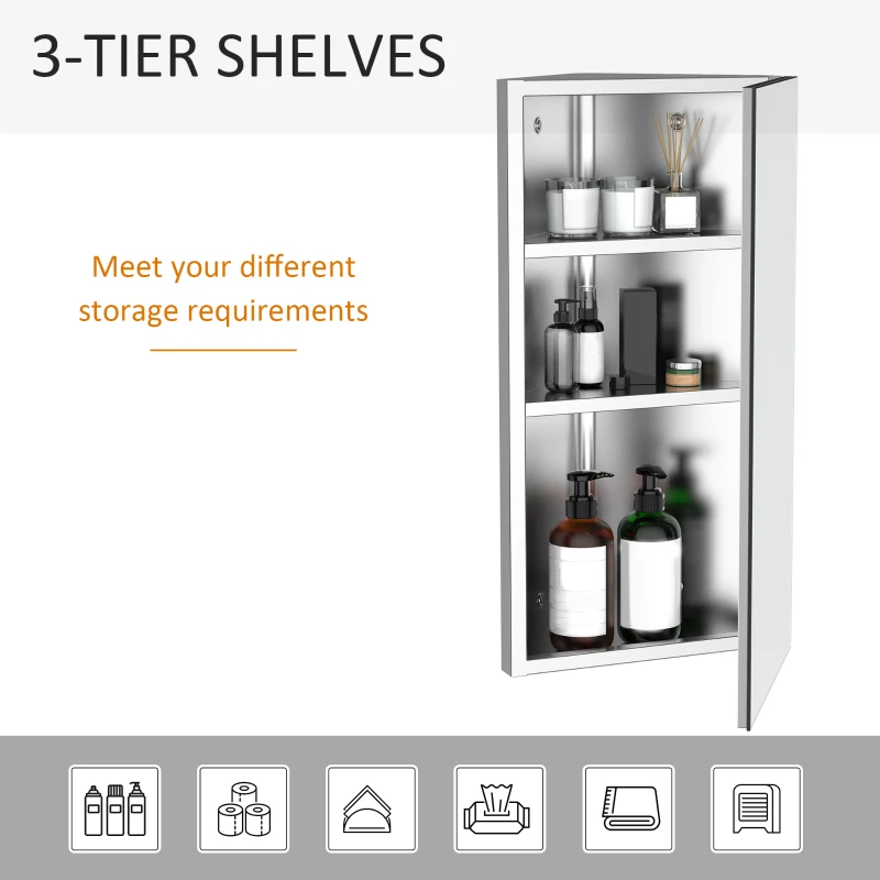 HOMCOM Wall Mounted Corner Bathroom Mirror, Stainless Steel Mirror Cabinet with 3-tier Shelves, Single Door(m-4)