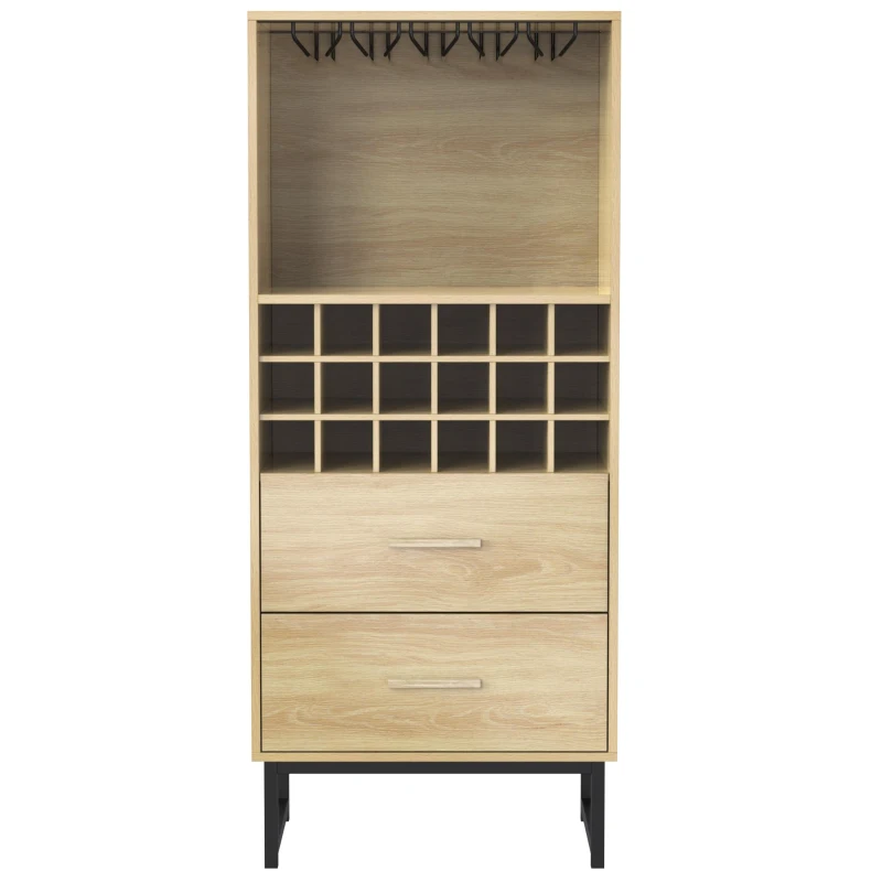 Meuble à vin avec 18 compartiments, tiroirs, porte-verres, 60x39,5x141 cm, Couleur naturelle
