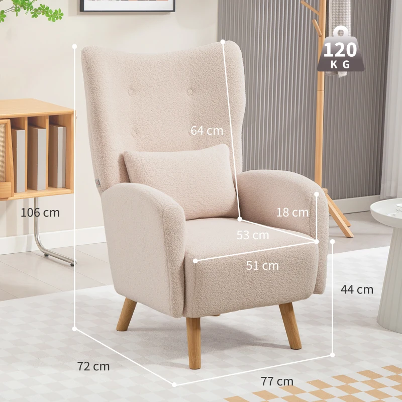 HOMCOM Accentstoel, Polstersessel met pluche bekleding, Schuimkussen, Ohrensessel, Beige(m-3)