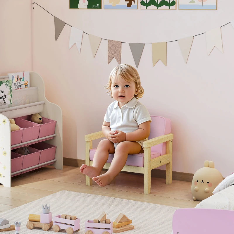 AIYAPLAY Poltrona per Bambini con Tessuto Morbido di Velluto e Struttura in Legno Seduta e Schienale Imbottiti 46,5x44x45 cm Rosa