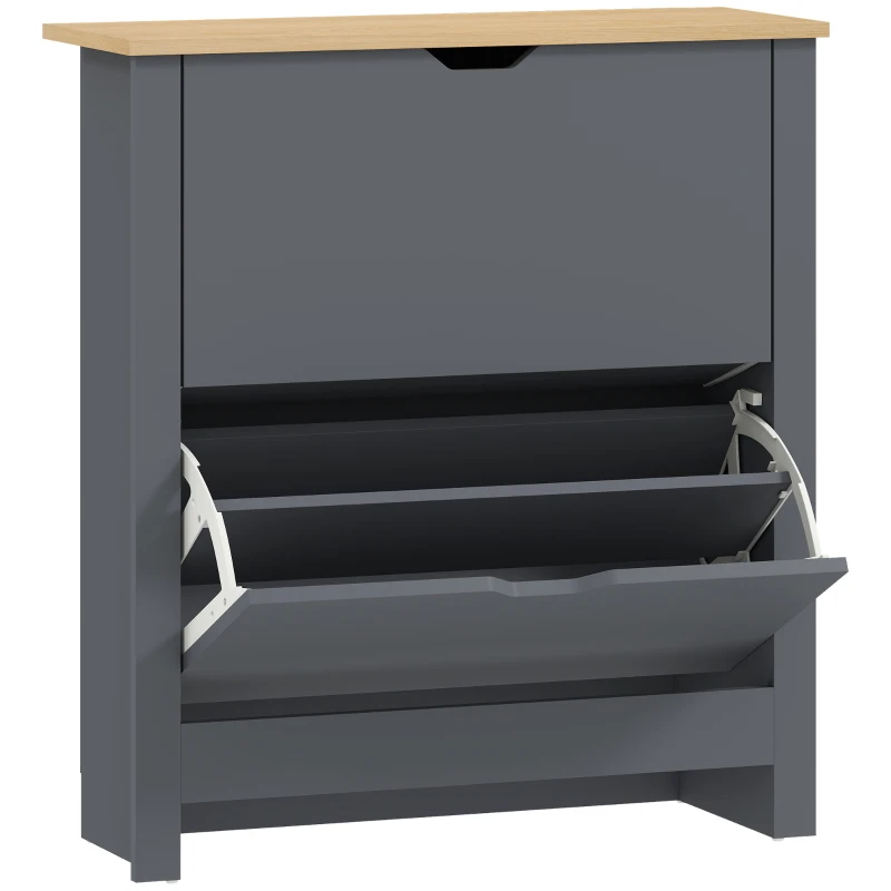 HOMCOM Slim Shoe Cabinet, Narrow Shoe Cupboard with 2 Flip Drawers, Adjustable Shelves for 12 Pairs of Shoes, Charcoal Grey