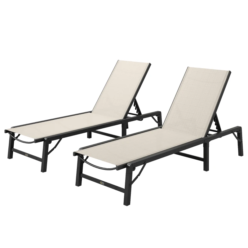Outsunny Folding Sun Lounger Set of 2, 5-Position Adjustable Reclining Garden Loungers, Garden Chaise Lounge Sunbed Recliner Chairs with Steel Frame for Beach, Porch, Patio, Camping, Khaki