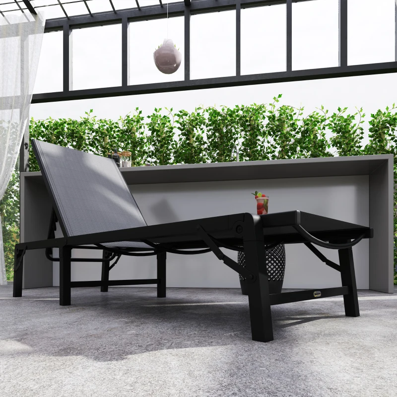 Outsunny Folding Sun Lounger Set of 2, 5-Position Adjustable Reclining Garden Loungers, Garden Chaise Lounge Sunbed Recliner Chairs with Steel Frame for Beach, Porch, Patio, Camping, Light Grey