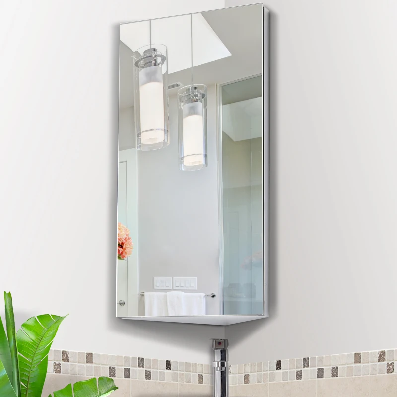 HOMCOM Wall Mounted Corner Bathroom Mirror, Stainless Steel Mirror Cabinet with 3-tier Shelves, Single Door(m-2)