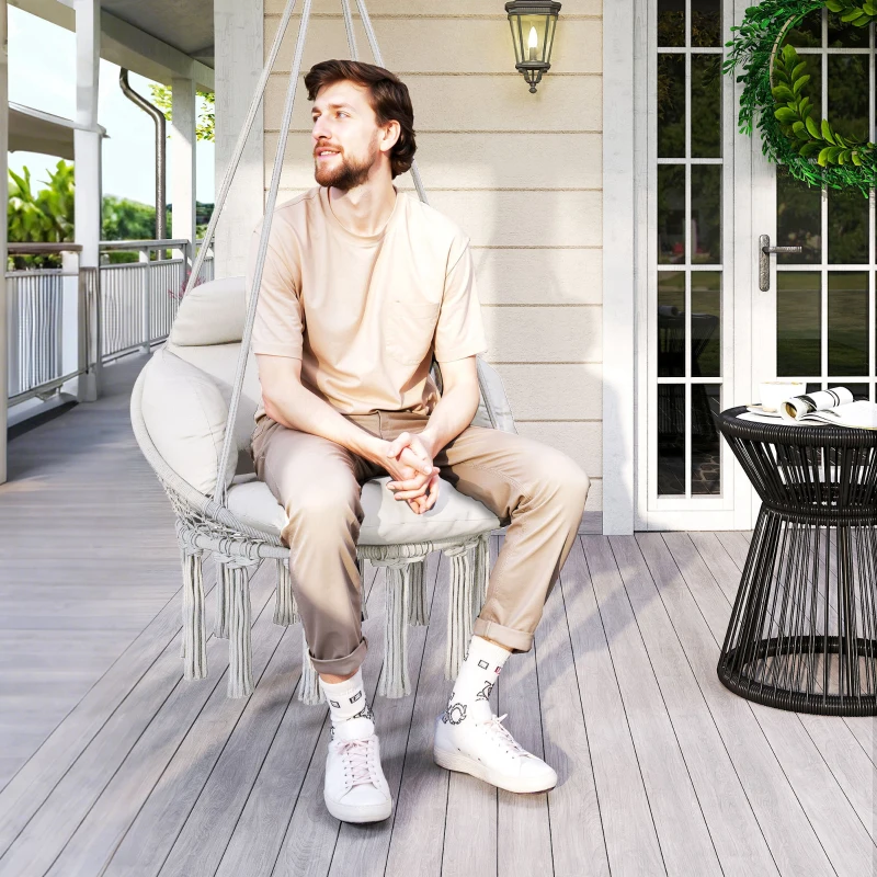 Outsunny Hanging Chair Outdoor Hammock Chair with Soft Cushion, Cotton Rope Boho Style Swing Chair, Hanging Garden Swing Seat for Indoor Outdoor, Cream White