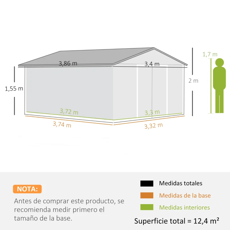 Outsunny Cobertizo de Jardín 12,4 m² 340x386x200 cm con 2 Puertas Corredizas Base Refuerzo (Suelo NO Incluido) Verde