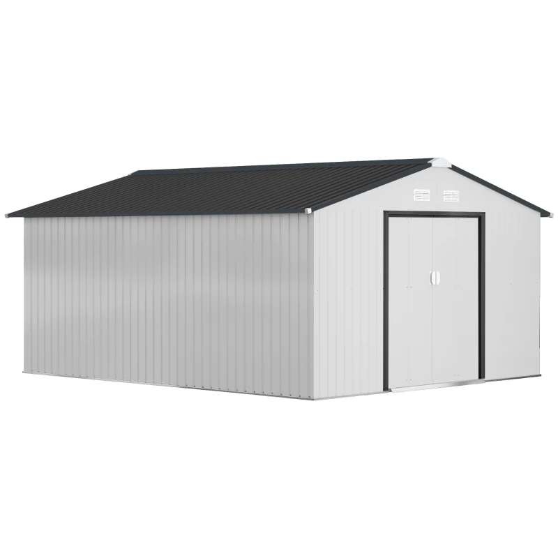 Outsunny Cobertizo de Jardín Exterior 12,4 m² 340x386x200 cm con Puerta Corredera Techo Inclinado y 4 Ventanas Blanco
