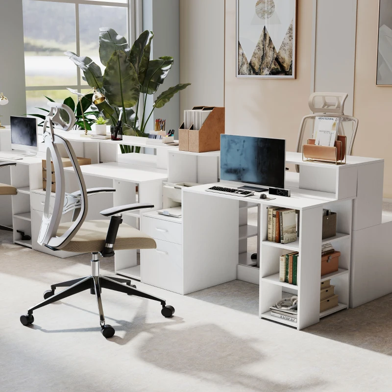 HOMCOM Computertisch, Bürotisch mit Aufbewahrung, 2 Schubladen, offene Regale und Druckerablage, 137x55x92cm, Weiß